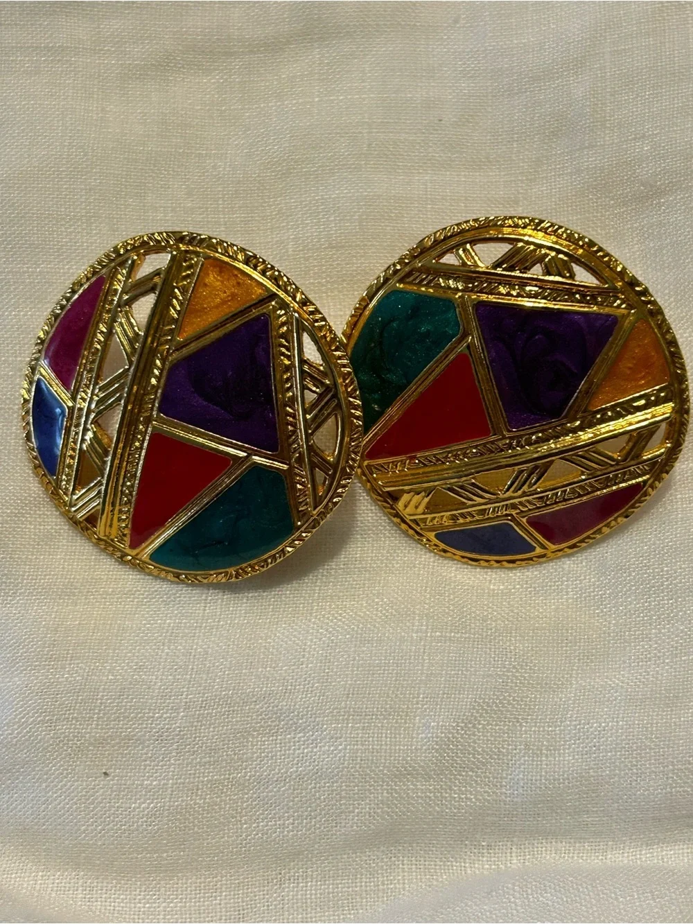 Vintage Bernie -Inspired Gold Multicolor Enamel Round Earrings